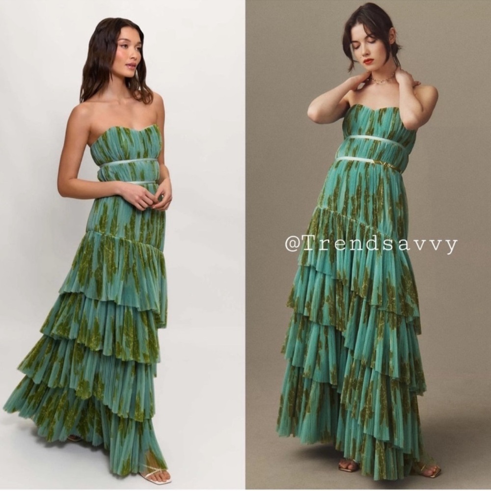Anthropologie Hutch Lanza Green Tulle Maxi Dress 14 Strapless Tiered Ruffle Gown